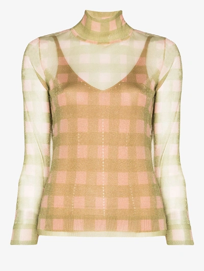 Shop Fendi Turtleneck Sheer Printed Top In Green