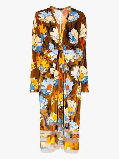 Shop Fendi Floral Print Chenille Midi Dress In Brown