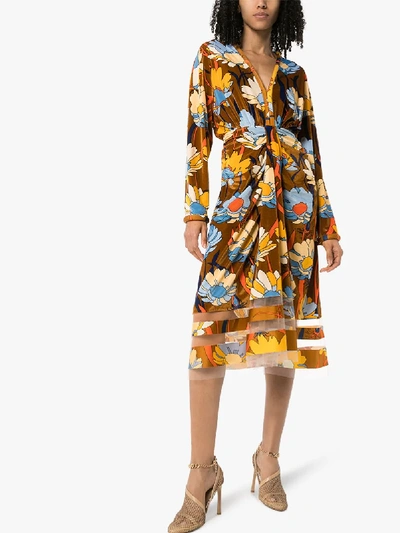 Shop Fendi Floral Print Chenille Midi Dress In Brown