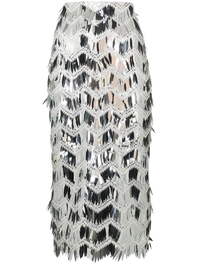 Shop Anouki Fringed Sequinned Pencil Skirt In Silver