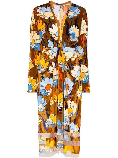 Shop Fendi Floral-print Chenille Midi Dress In Brown