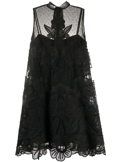 Shop Valentino Floral-embroidered Shift Dress In Black