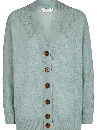 Shop Fendi Ff Motif Knitted Cardigan In Blue