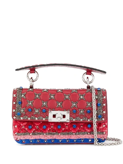 Shop Valentino Sequinned Rockstud Mini Tote Bag In Red