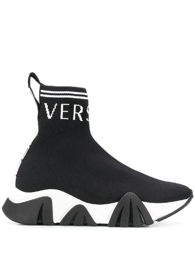 Shop Versace Logo Sock-style Sneakers In Black