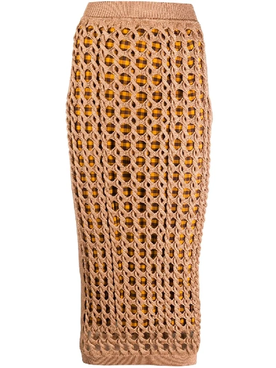 Shop Fendi Open-knit Pencil Skirt In Neutrals