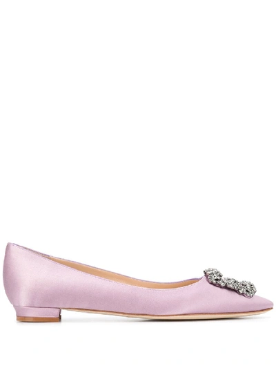 Shop Manolo Blahnik Embellished Satin Ballerina Shoes In Pink