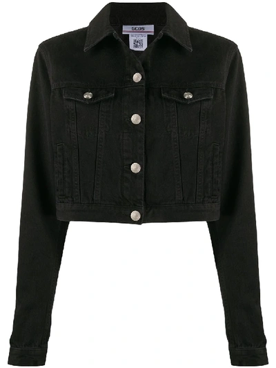 Shop Gcds Cropped Denim Jacket In Black