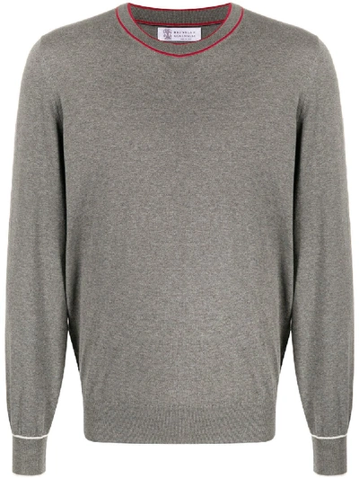 Shop Brunello Cucinelli Striped-trim Crew Neck Jumper In Grey