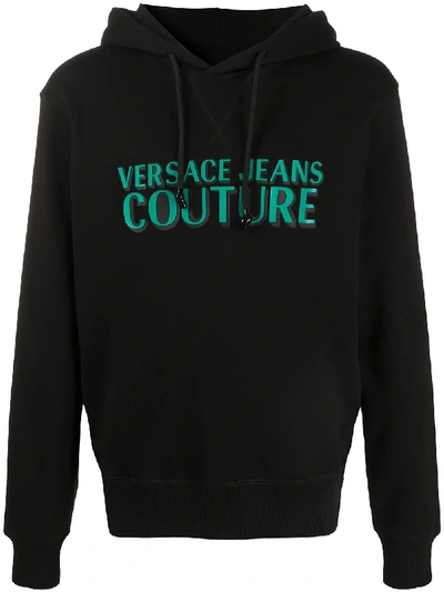 Shop Versace Jeans Couture Drawstring Logo Print Hoodie In Black