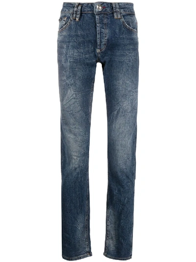 Shop Philipp Plein Crinkle Effect Jeans In Blue