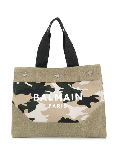 Shop Balmain Camouflage-print Logo Tote Bag In Green