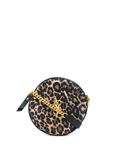 Shop Saint Laurent Vinyle Leopard-print Round Camera Bag In Black
