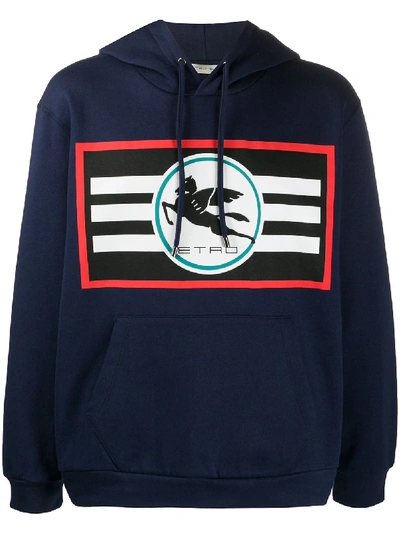 Shop Etro Logo Print Drawstring Hoodie In Blue