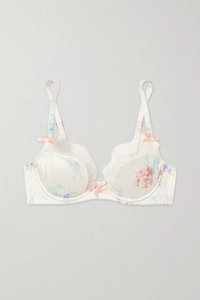 Shop Agent Provocateur Aimeline Leavers Lace-trimmed Floral-print Silk-blend Satin Underwired Bra In White