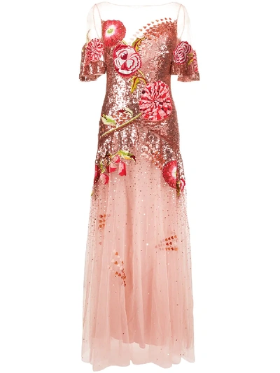 Shop Temperley London Floral-embroidered Sequin Tulle Gown In Pink