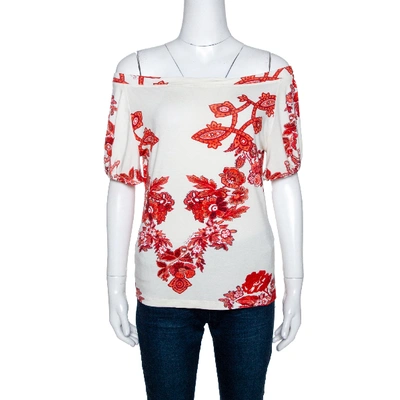 Pre-owned Roberto Cavalli White And Red Floral Print Off Shoulder Top L