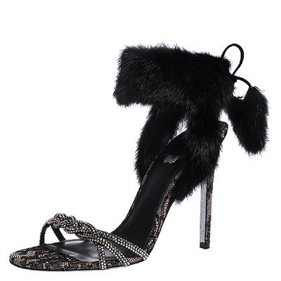Pre-owned René Caovilla Black Fur And Crystal Embellished Ankle Cuff Sandals Size 39