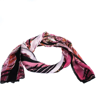 Pre-owned Roberto Cavalli Pink Abstract Floral Printed Silk Scarf