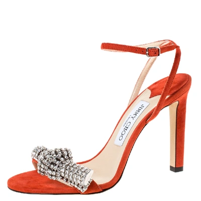 Pre-owned Jimmy Choo Orange Suede Crystal Embellished Thyra Sandals Size 38