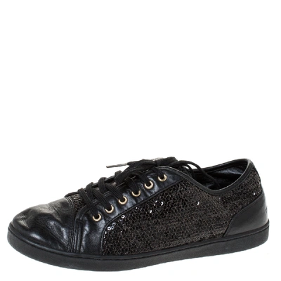 Pre-owned Dolce & Gabbana Black Sequins And Leather Cap Toe Low Top Sneakers Size 38