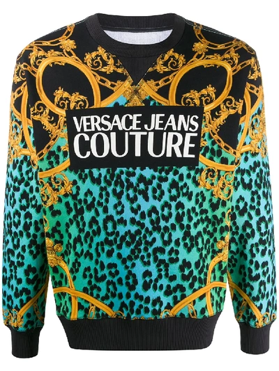 Shop Versace Jeans Couture Leopard Chain Logo Print Sweatshirt In Blue