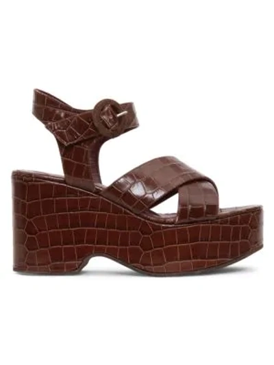 Shop Staud Jane Croc-embossed Platform Wedge Sandals In Brown