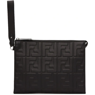 FENDI: laptop pouch in grained leather with embossed logo - Black