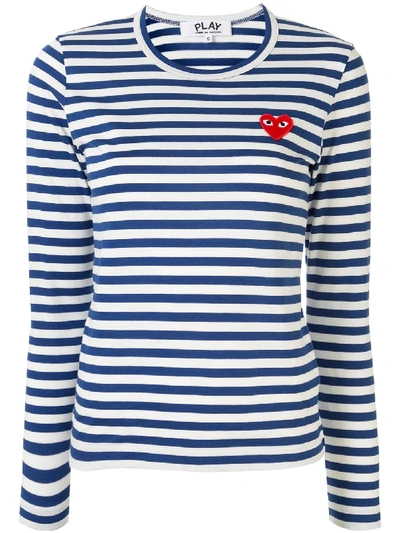 Shop Comme Des Garçons Play Striped Logo-patch T-shirt In Blue
