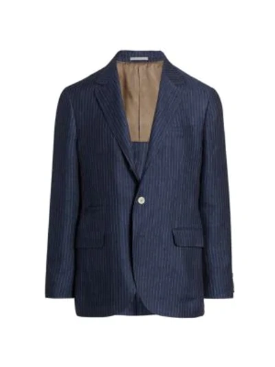 Shop Brunello Cucinelli Men's Striped Linen Suit Jacket In Blue