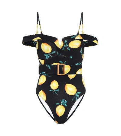 Shop Alexandra Miro Lola Printed Off-shoulder Swimsuit In Black