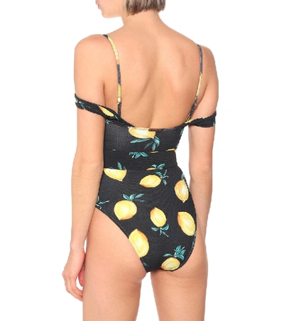 Shop Alexandra Miro Lola Printed Off-shoulder Swimsuit In Black