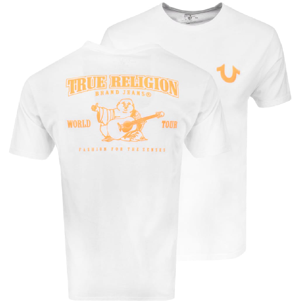 white and orange true religion shirt