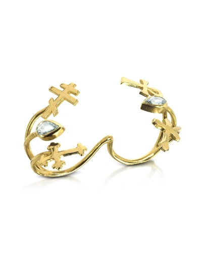 Shop Bernard Delettrez Designer Rings Gold With Green Sapphires Double Ring With Crosses In Vert