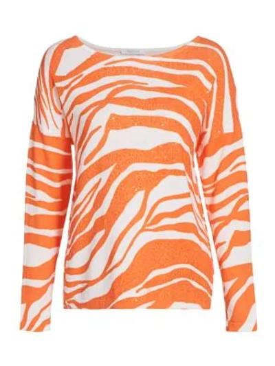 Shop Joan Vass Women's Petite Sequin Tiger-stripe Cotton Sweater In Orange Combo