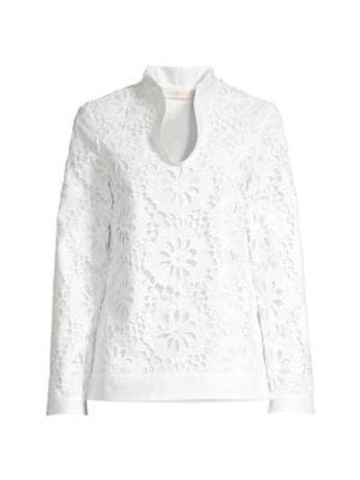 Shop Tory Burch Open-neck Lace Tunic In White