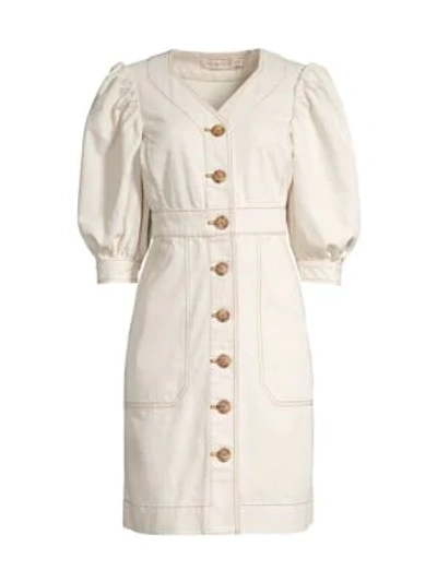 Shop Tory Burch Puff-sleeve Button Dress In Rinse