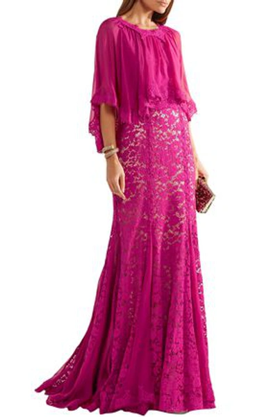Shop Dolce & Gabbana Cape-effect Chiffon And Corded Lace Gown In Fuchsia