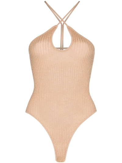 Shop Dodo Bar Or Cut-out Ribbed Bodysuit In Neutrals