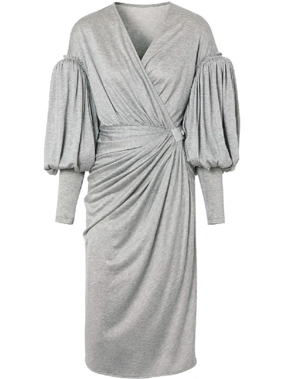 Burberry Draped-front Balloon-sleeve Jersey Dress In Neutrals