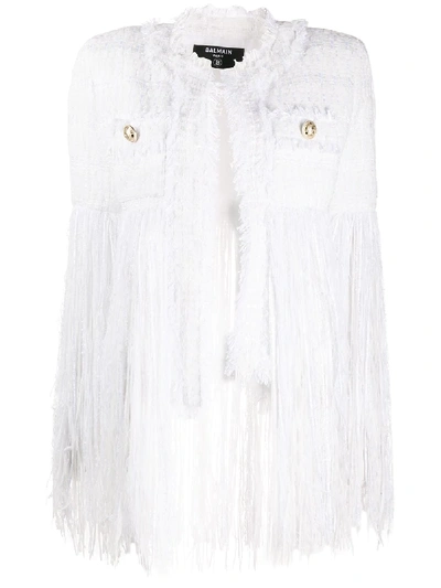 Shop Balmain Long Fringe Tweed Jacket In White