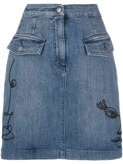 Shop Moschino Cornely Embroidered Denim Skirt In Blue
