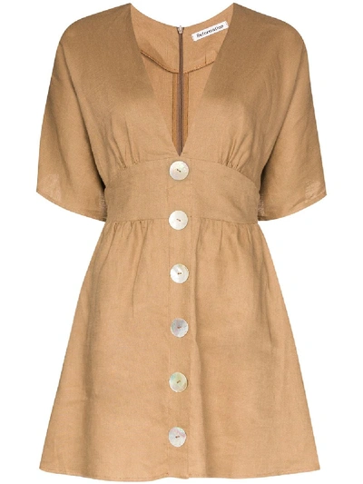 Shop Reformation Flared Button Mini Dress In Brown
