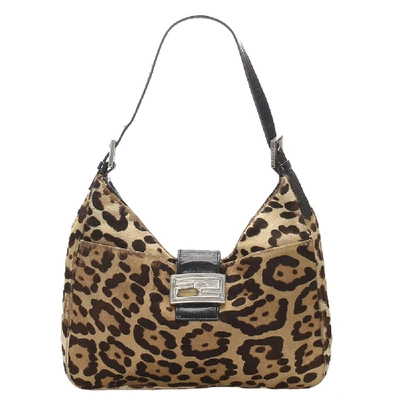 Pre-owned Fendi Light Brown/black Leopard Print Pony Hair Shoulder Bag