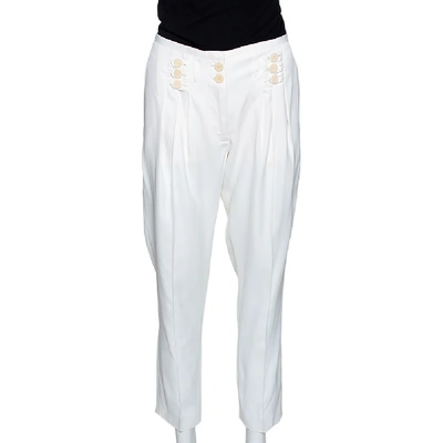 Pre-owned Stella Mccartney Cream Coated Silk Button Detail Tapered Trousers S