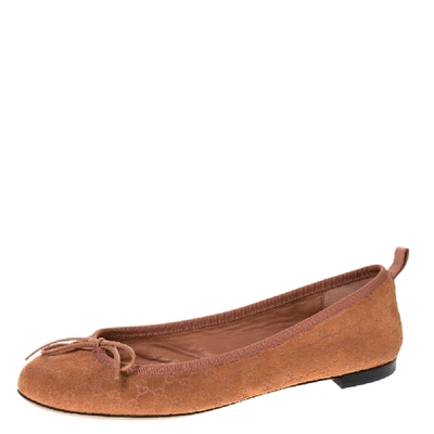 Pre-owned Gucci Ssima Suede Leather Ballet Flats Size 37.5 In Brown
