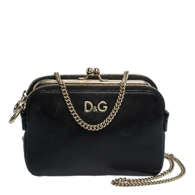 Pre-owned Dolce & Gabbana Black Leather Small Lily Twist Kiss Lock Clutch