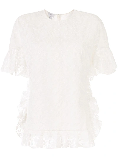 Shop Giambattista Valli Floral Lace Ruffle-trimmed Blouse In White