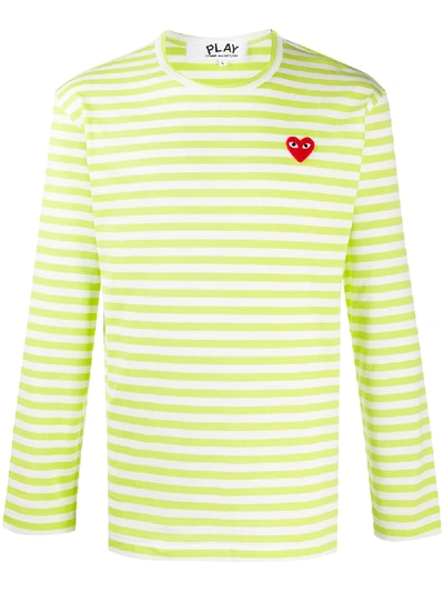 Shop Comme Des Garçons Play Striped Heart-logo T-shirt In Green