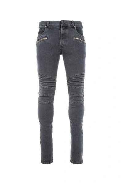 Shop Balmain Biker Skinny Jeans In Grey